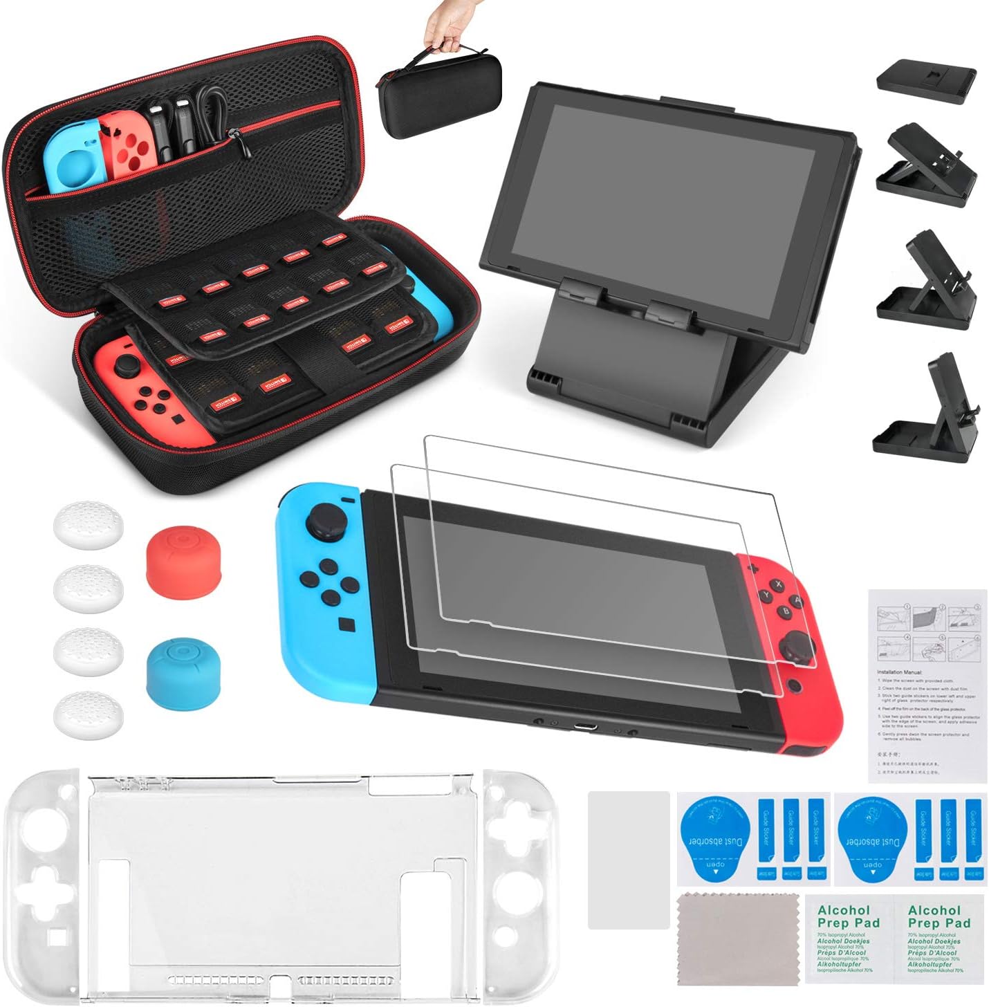 Keten 13 in 1 Accessory Starter Kit for NS Switch include Portable Carrying Case/Dockable Clear Cover Shell/Adjustable Stand/Glass Tempered Screen Protector (2 Packs)