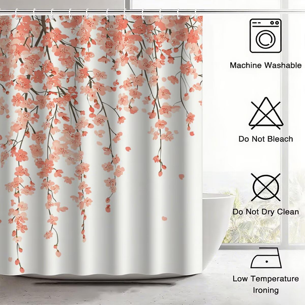 Duschvorhang Rosa Duschvorhang 240x200 cm, Duschrollo Blumen Shower Curtains Beschwerter Saum, Duschvorhänge Badewanne Waschbar Polyester Stoff, Wasserdicht mit 12 Haken, Geschenke für Frauen -3839