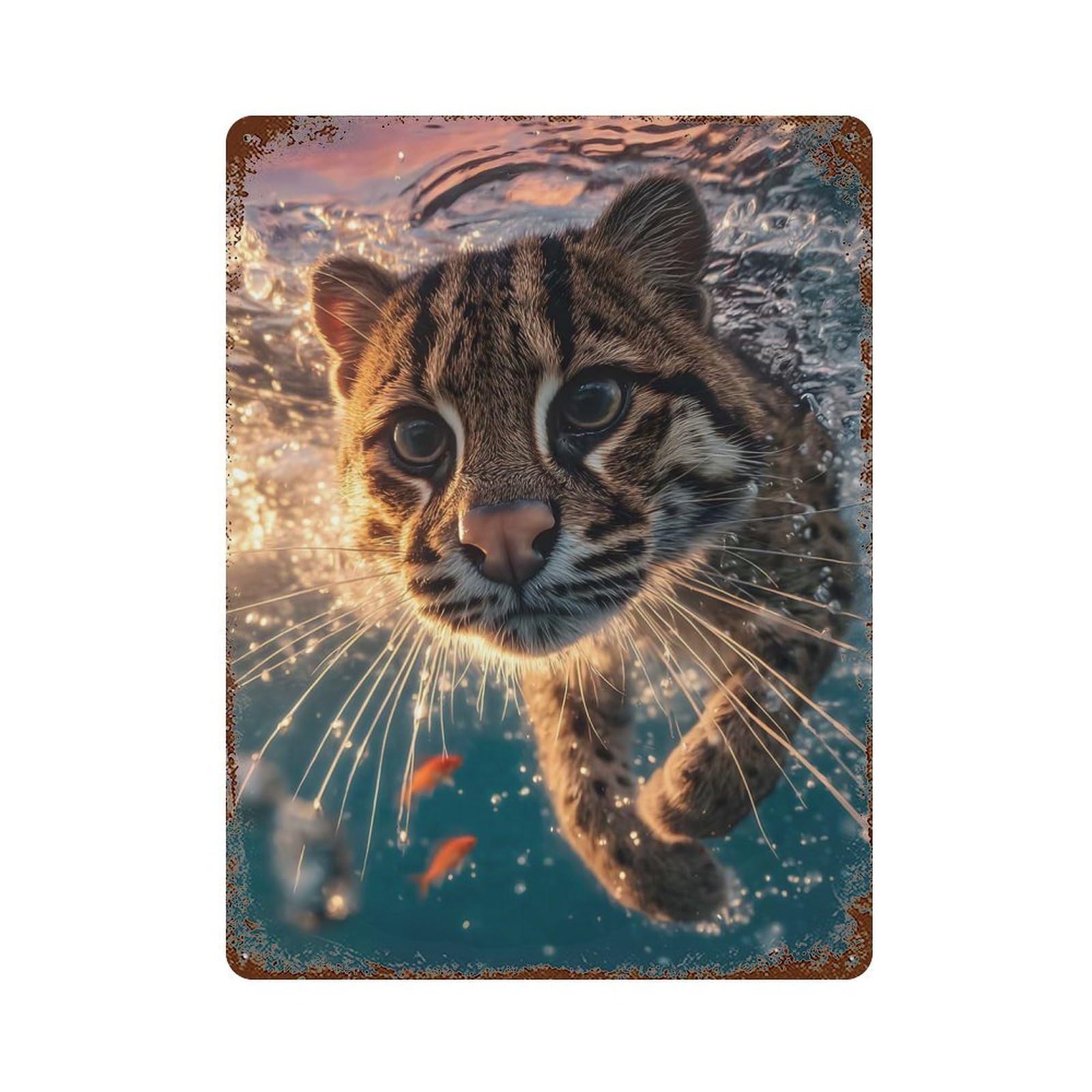 Swimming Cat with Fish Weathered Tin Sign 15.7"x11.8", Farmhouse Wall Decor for Garage, Pub Or Kitchen