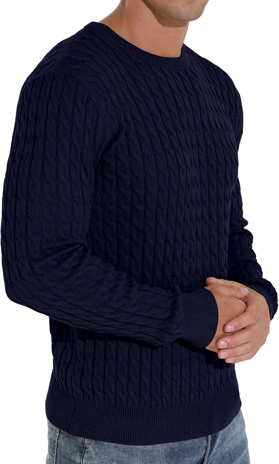 Askdeer Men's Pullover Sweater Crewneck Cable Knit Long Sleeve Sweater Classic Soft Knitted Sweaters with Ribbing Edge Navy Blue