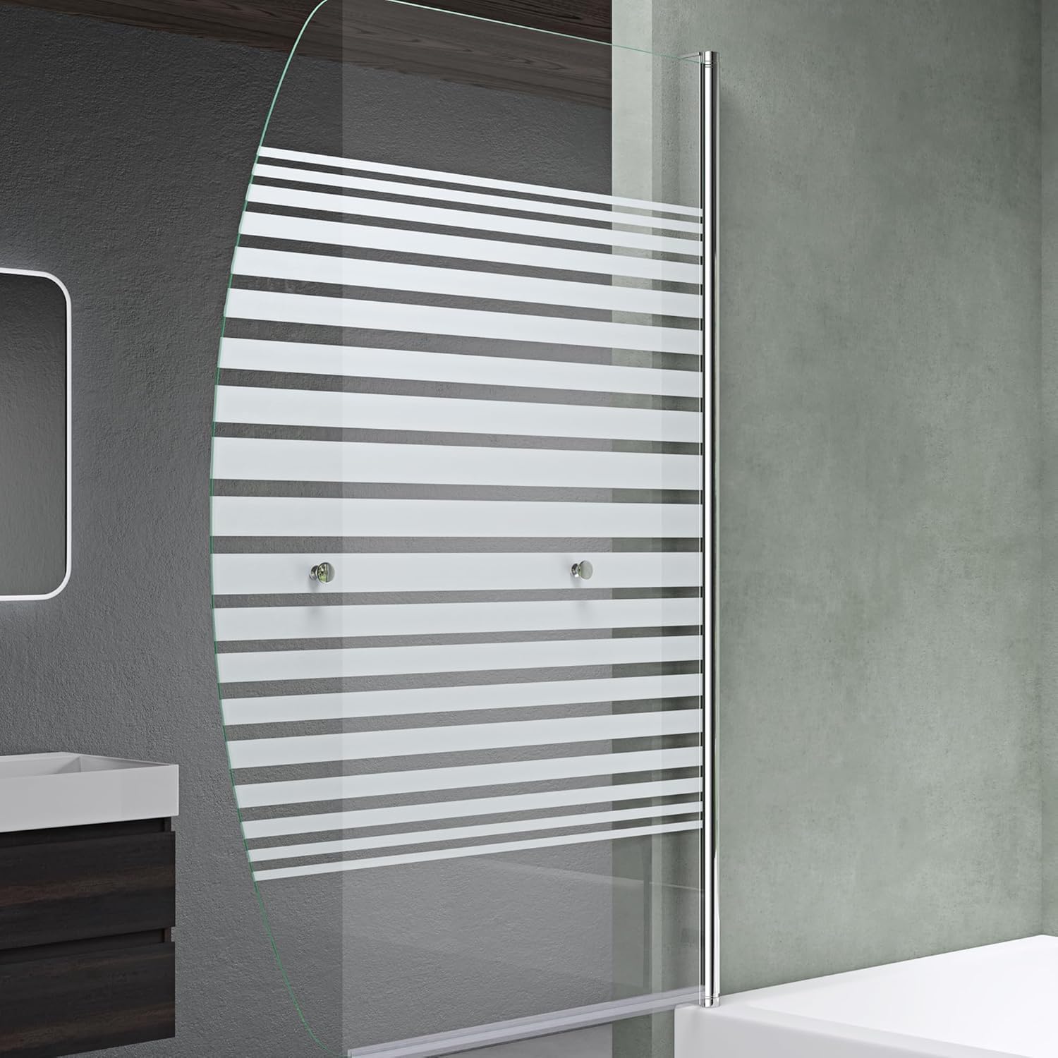 Mai & Mai Bath Shower Screen for Baths | Bath Screen | WH: 95×140cm | Safety Glass with Nano | Handle Bar as Towel Rail | 1 Folding Curved Screen | Frosted Striped Glass | Cortona112S