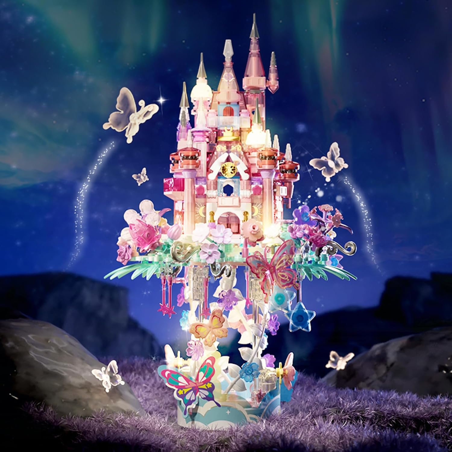 MEIEST Flower Castle Building Blocks Set,Dream Castle On a Cloud Particle Construction Building Bricks Toy,Flowers Butterfly Star Castle Home Decoration
