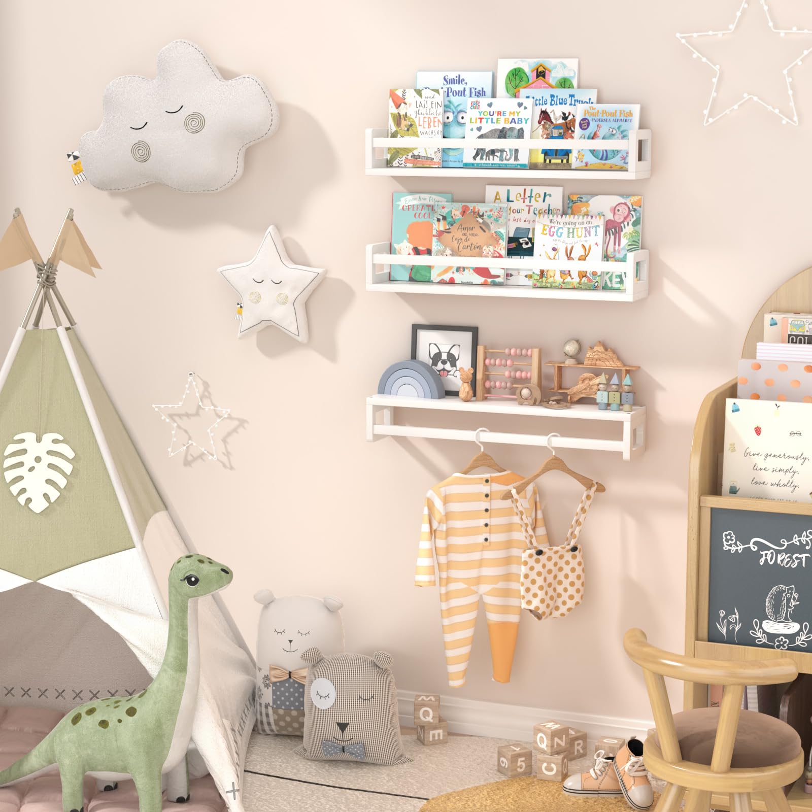 Estantes flotantes para libros de pared de 23.6 pulgadas, de madera maciza natural, juego de 3, estantes colgantes para habitación de niños, decoración de dormitorio y almacenamiento de 2