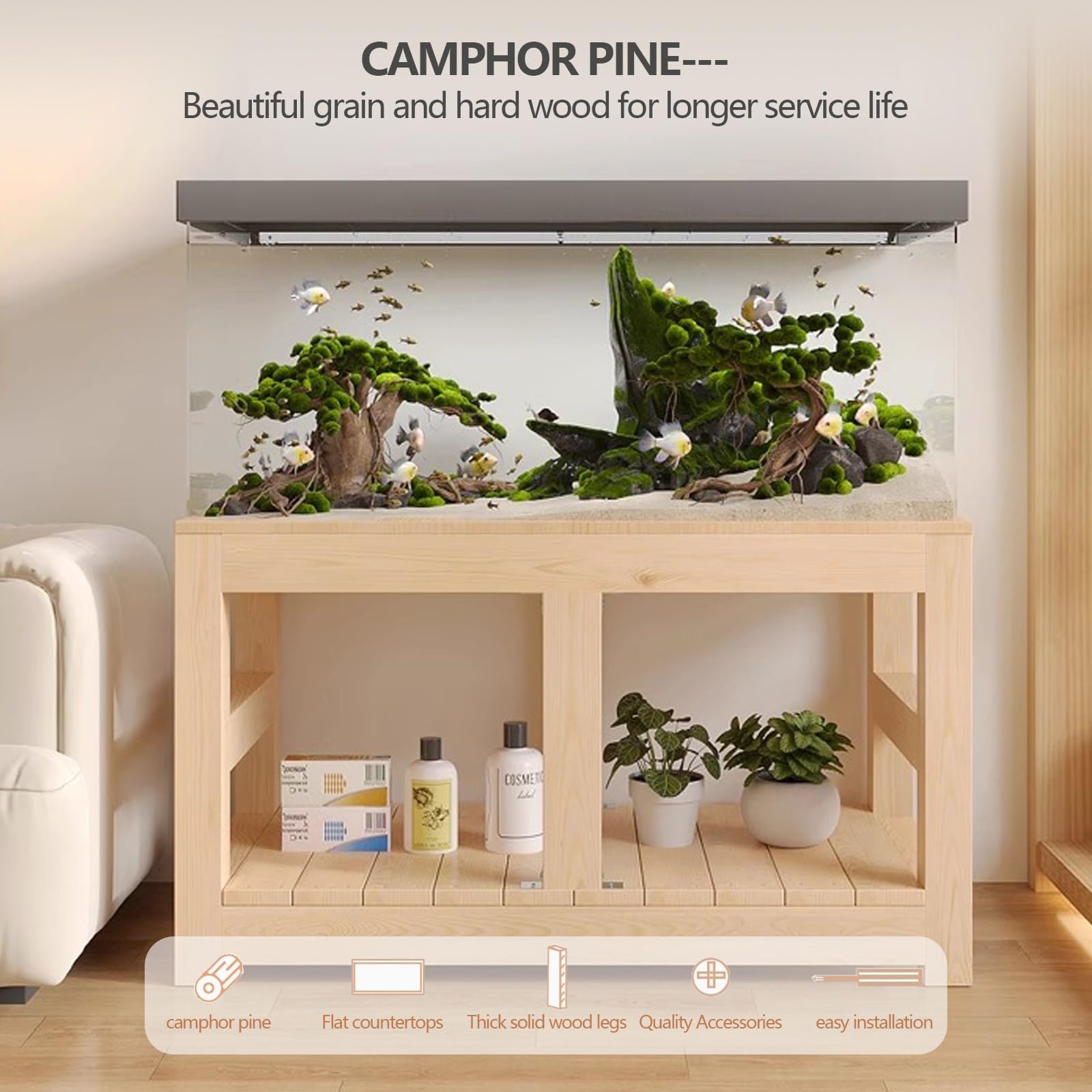 Support d'aquarium en bois massif – Support robuste pour aquarium à tortues avec pieds épais renforcés pour la maison et le bureau