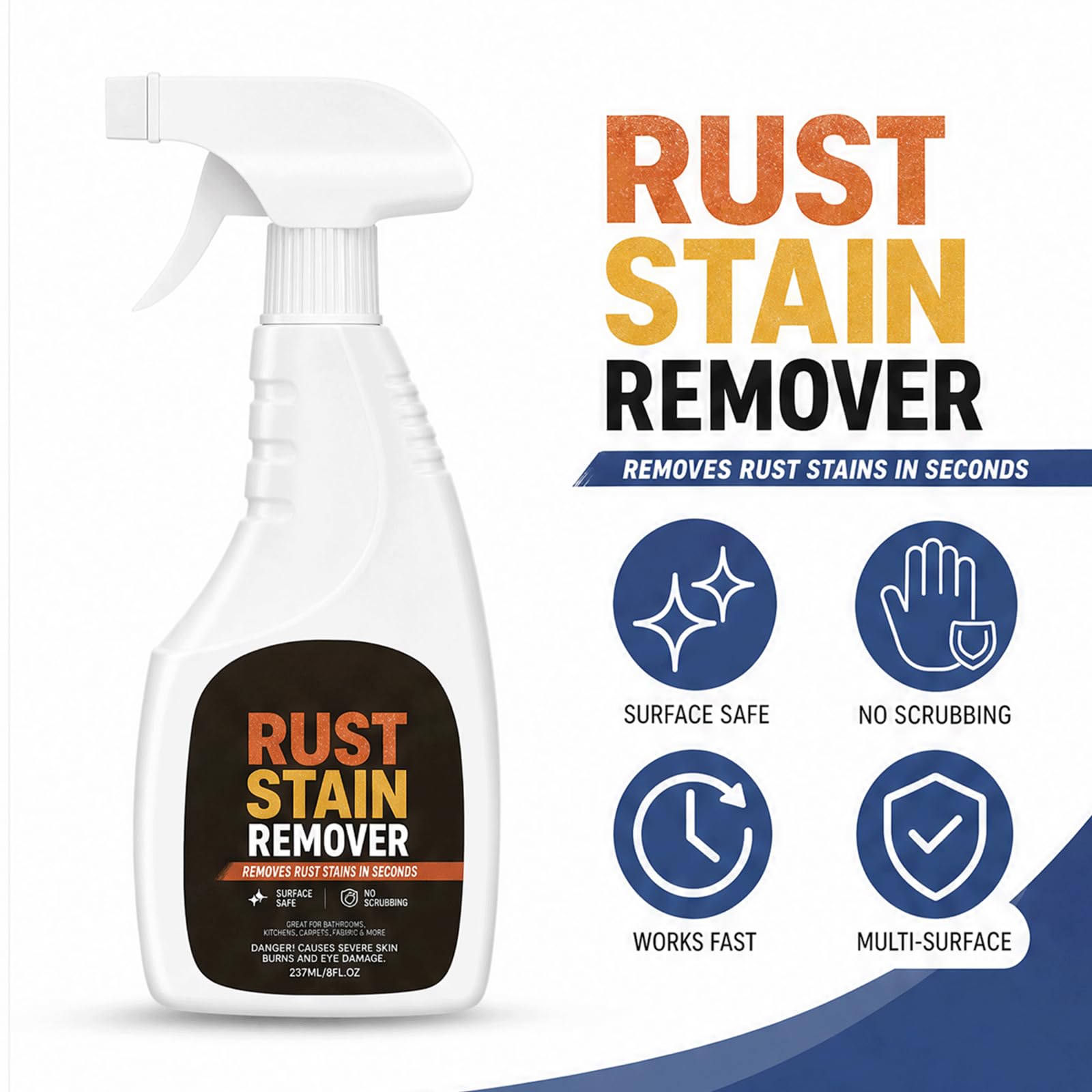 Rostentfernerspray für Metall und Edelstahl - Hartwasserfleckenentfernerspray für Bad und Glas, präzise Wasserflecken.- Multi-Surface Rostreiniger und Poliersprays aus Edelstahl (3 STÜCKE)