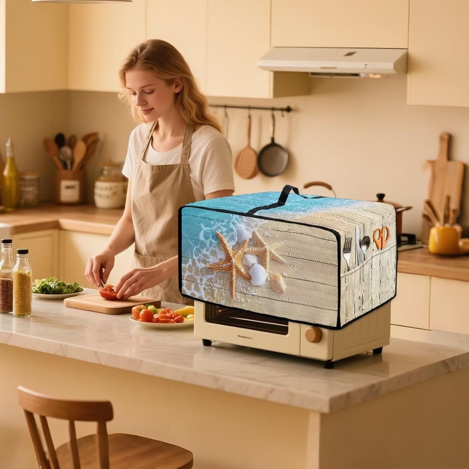 Air Fryer Toaster Smart Oven Dust Cover Starfish Shell Wood Print Toaster Oven Cover with Side Pockets for Kitchen Counter, Machine Washable, M