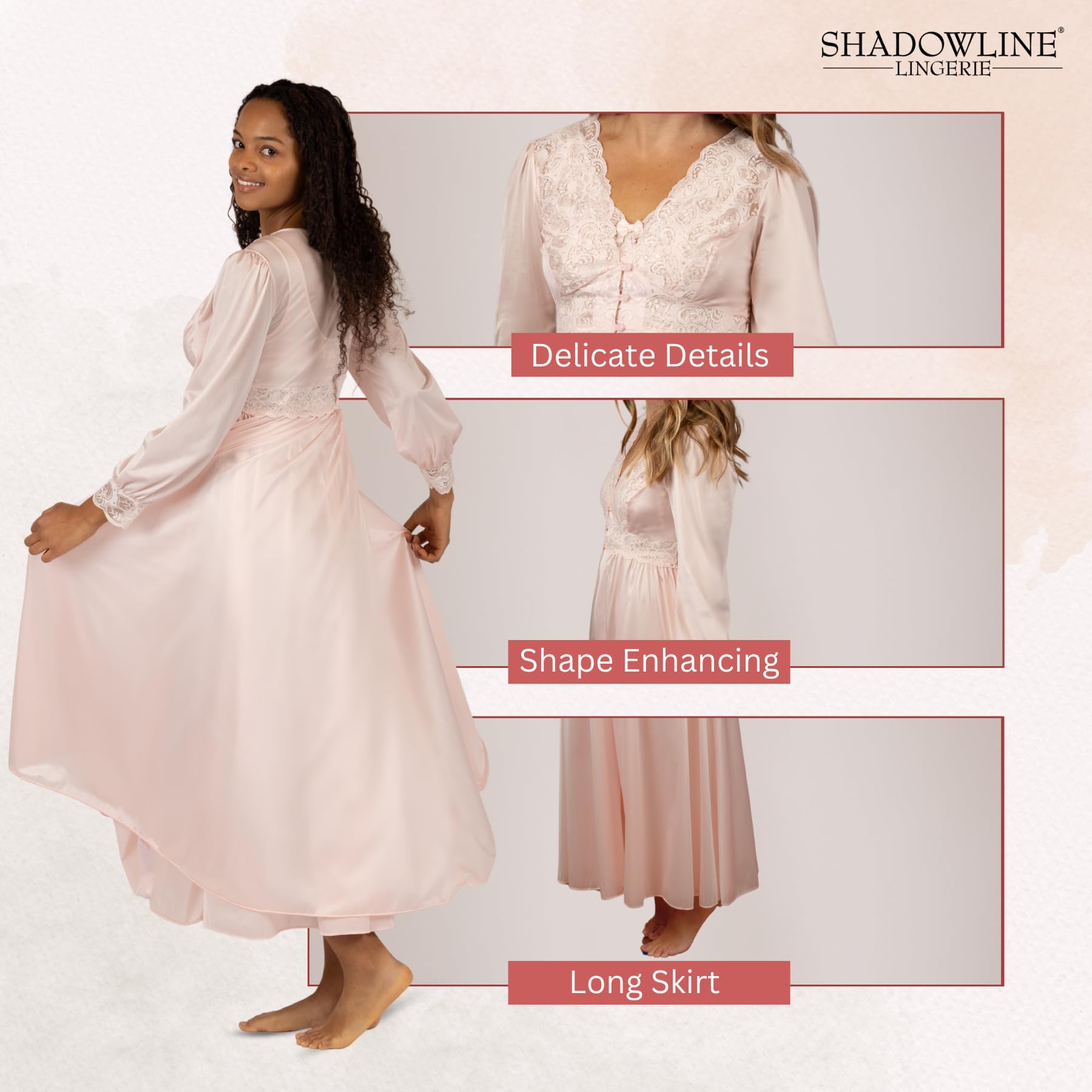 SHADOWLINE Langer, fließender Damen-Bademantel mit Knopfleiste, Seide Blumenmuster, Stretch, Spitze, Mieder, Dessous, elegante Nachtwäsche