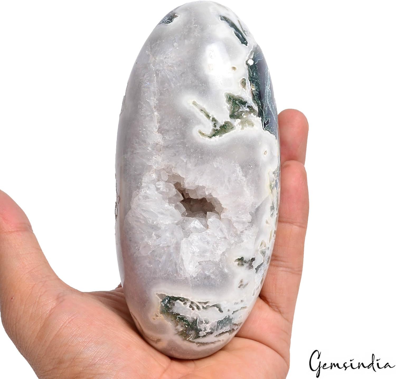 0.835 Kg Natural Dendrite Moss Agate 5.5 x 2.6 Druzy Egg Stone Mineral Gemstone W/Stand