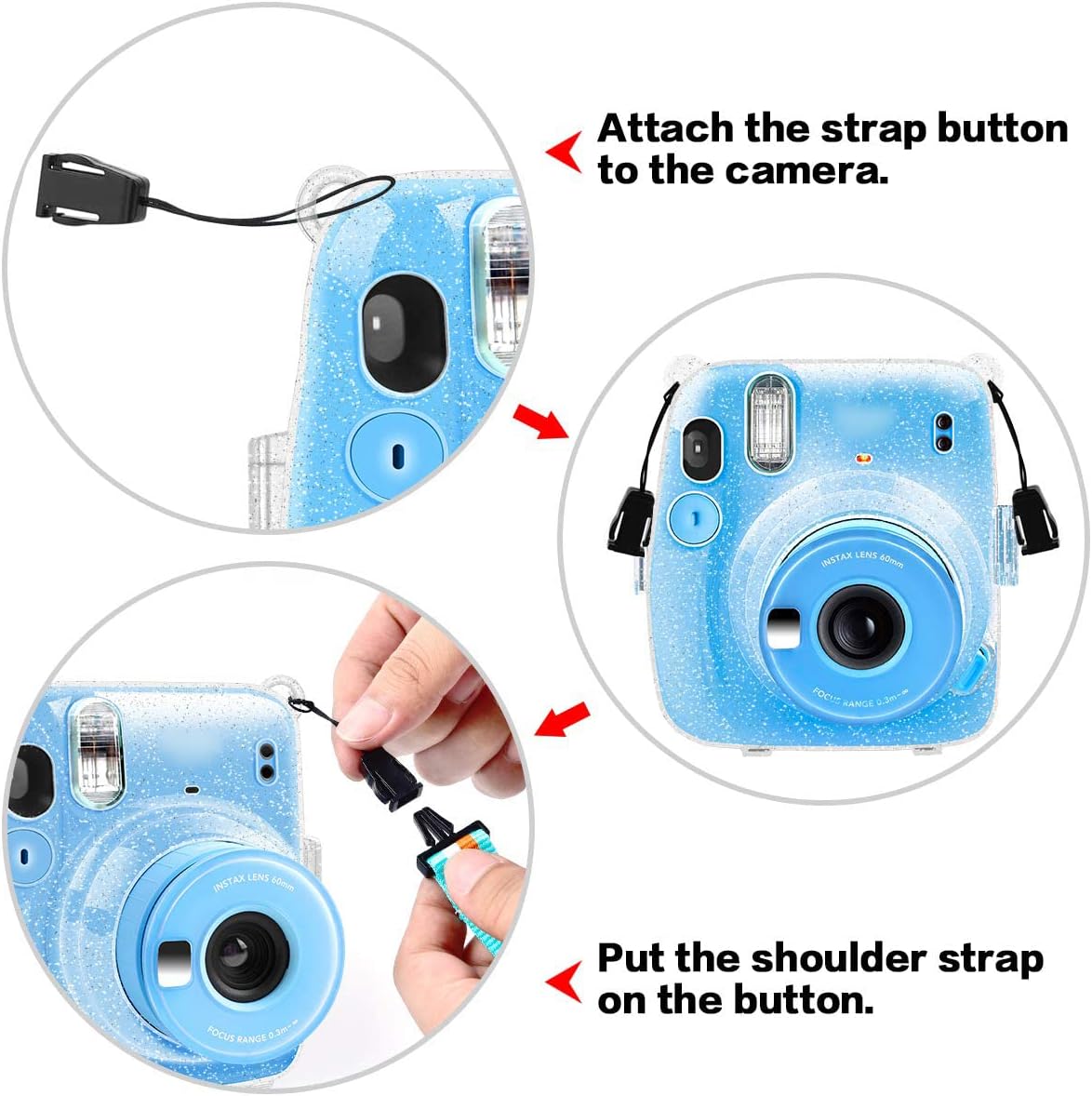 SAIKA Protective Crystal Case Compatible with Fujifilm for Instax Mini 12/11 Instant Film Camera, Hard Glitter PVC Cover with Cute Adjustable Should Strap