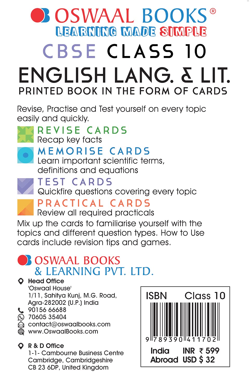 Oswaal CBSE RMT Lernkarten Klasse 10 Englisch (für 2024 Board-Prüfungen)