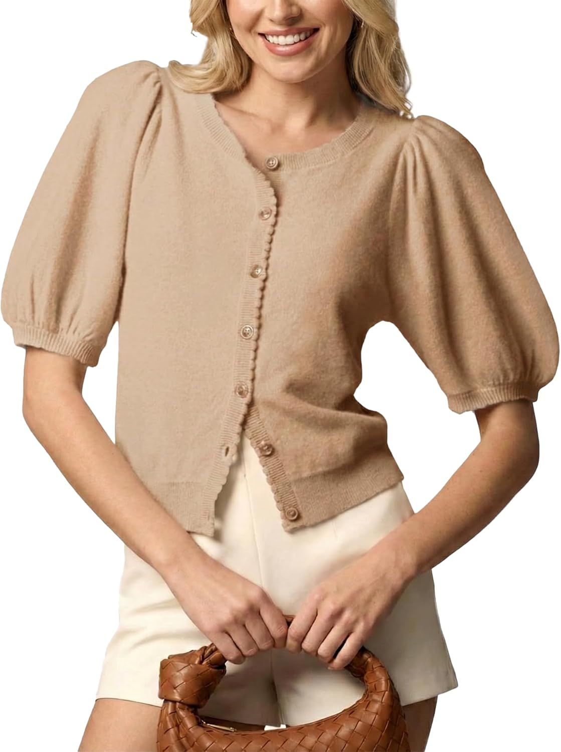 Womens Puff Short Sleeve Cardigan Lightweight Casual Summer Button Down Knit Sweater Tops 2026 Fashion Trendy