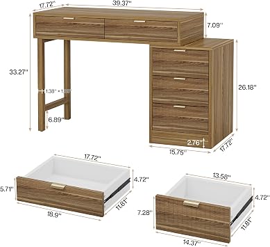Tribesigns Computer Desk with 5 Drawers, Reversible Small Writing Desk with Storage, Modern Wooden Study Corner Table Workstation for Home Office, Small Spaces, Walnut Brown
