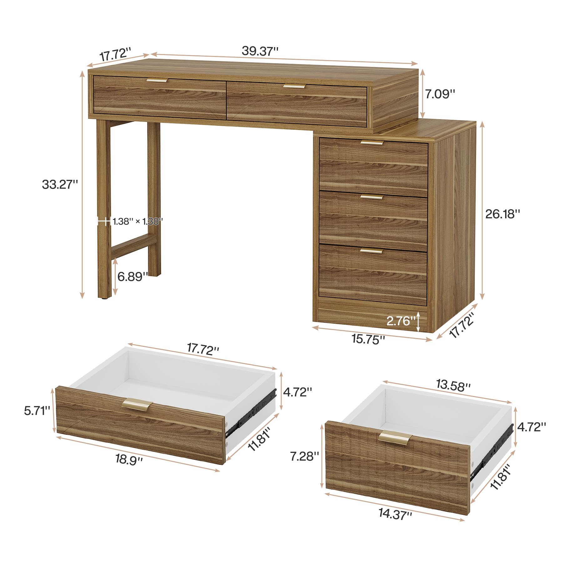 Scrivania per computer 5 cassetti, reversibile, in legno,