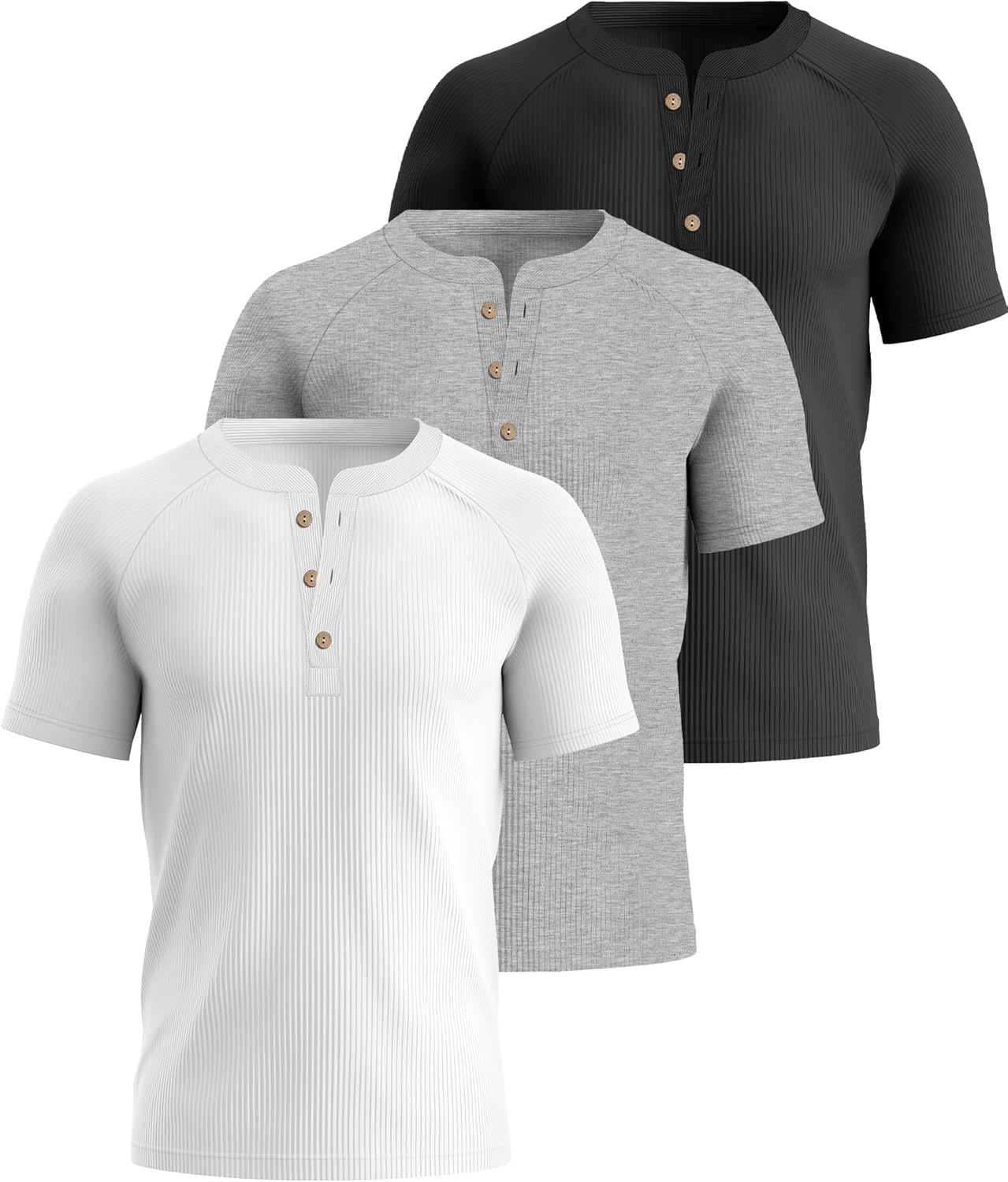 Evervibe 3 Pack Men's Big and Tall Ribbed Henley Shirts Short Sleeve Raglan Casual T-Shirts Classic Summer Button Placket Tee - Image 4
