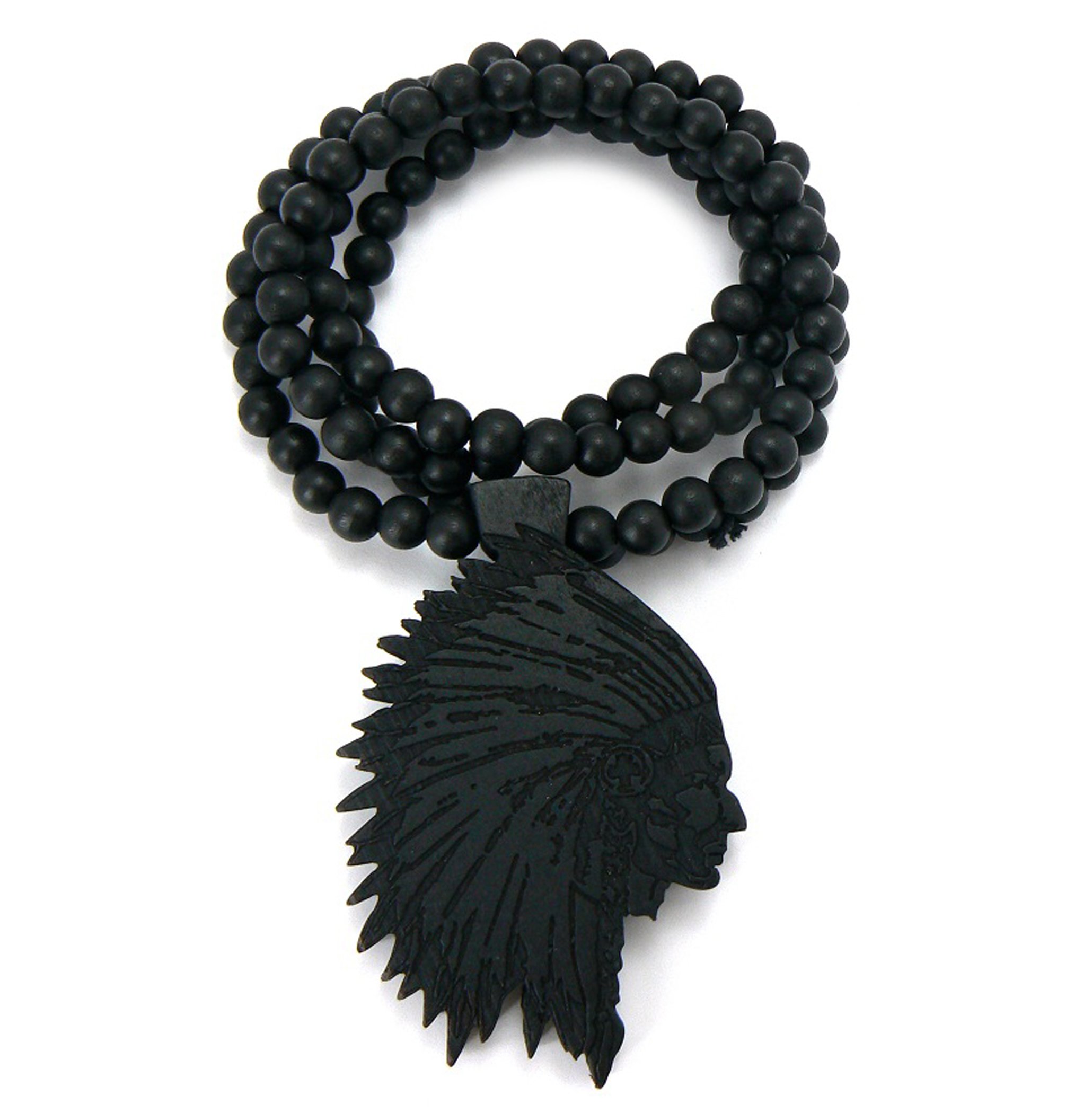 NYFASHION101Native American Chief Wood Pendant 36" Wooden Bead Chain Necklace