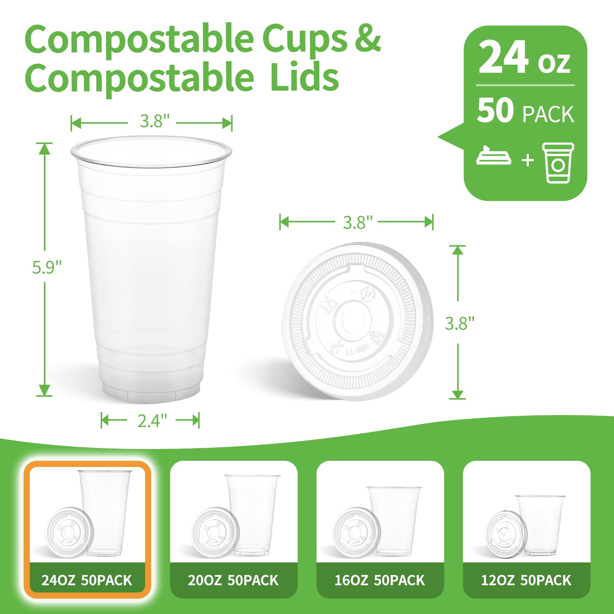 Bicchieri di plastica trasparente compostabili usa e getta da 680,4 g, con coperchi piatti, biodegradabili, per feste, frullati, tè Boba, Slushy, limonata, set da 50