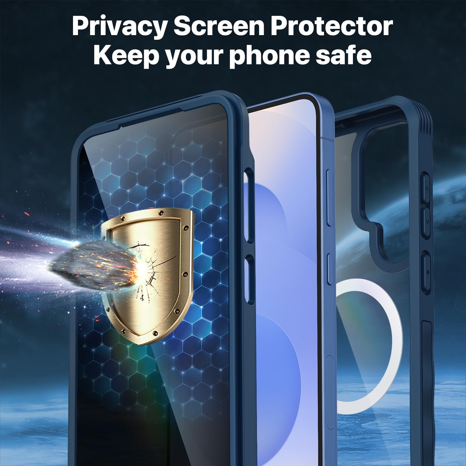 CENHUFO Magnetic Privacy for Samsung Galaxy S25 Plus Case, Full Body Phone Case with Built-in 9H Tempered Glass Privacy Screen Protector and Camera Lens Cover, Shockproof Protective Bumper - Blue