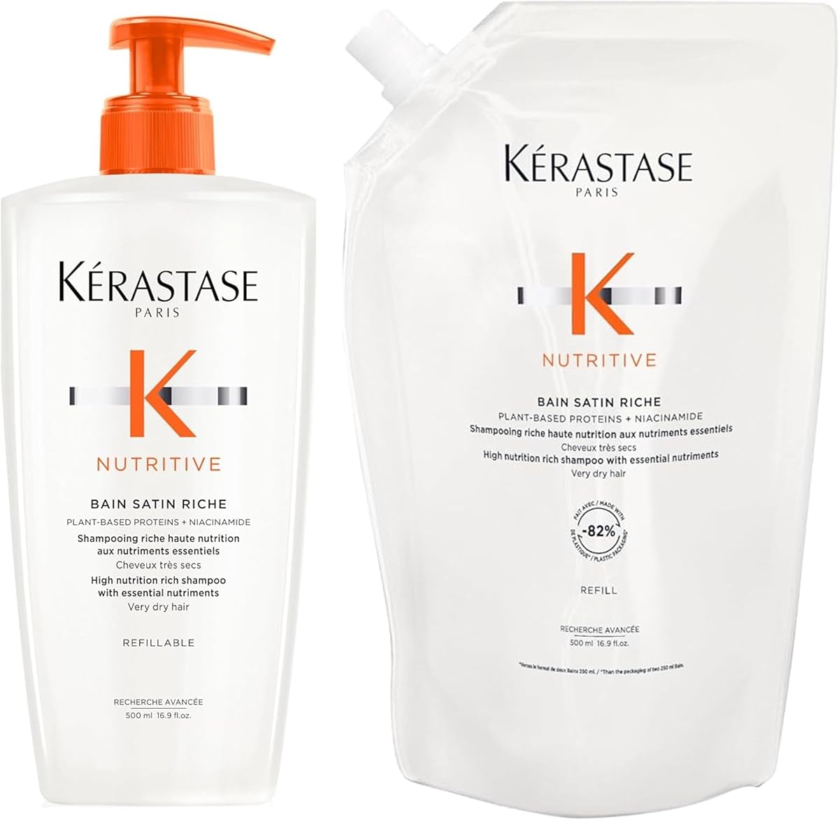 Kerastase Nutritive Bain Satin Riche Shampoo & Refill Pouch - Revitalizes & Strengthens Very Dry Hair, Restores Shine, For Very Dry Hair, 16.9 Fl Oz