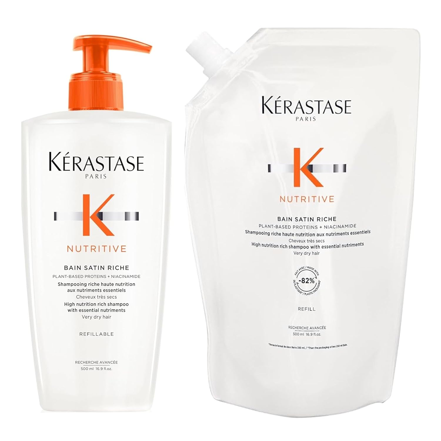 Kerastase Nutritive Bain Satin Riche Shampoo & Refill Pouch - Revitalizes & Strengthens Very Dry Hair, Restores Shine, For Very Dry Hair, 16.9 Fl Oz