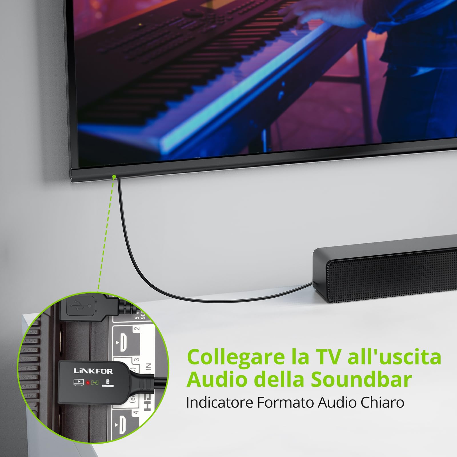LiNKFOR Adattatore HDMI ARC a Ottico Supporta Audio 192kHz/24bit e Dolby DTS 5.1 Convertitore Cavo HDMI eARC/ARC a Ottico (1.5m) Design All-in-One Estrattore Audio HDMI eARC per Soundbar, Home Theater