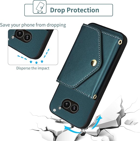 ウォレットケース Nothing phone2a リストランヤード付きショルダーストラップスリムフリップパース、高級PUレザークレジットカードホルダースタンドアクセサリー携帯電話カバー Phone2A 5G レディース メンズ グリーン
