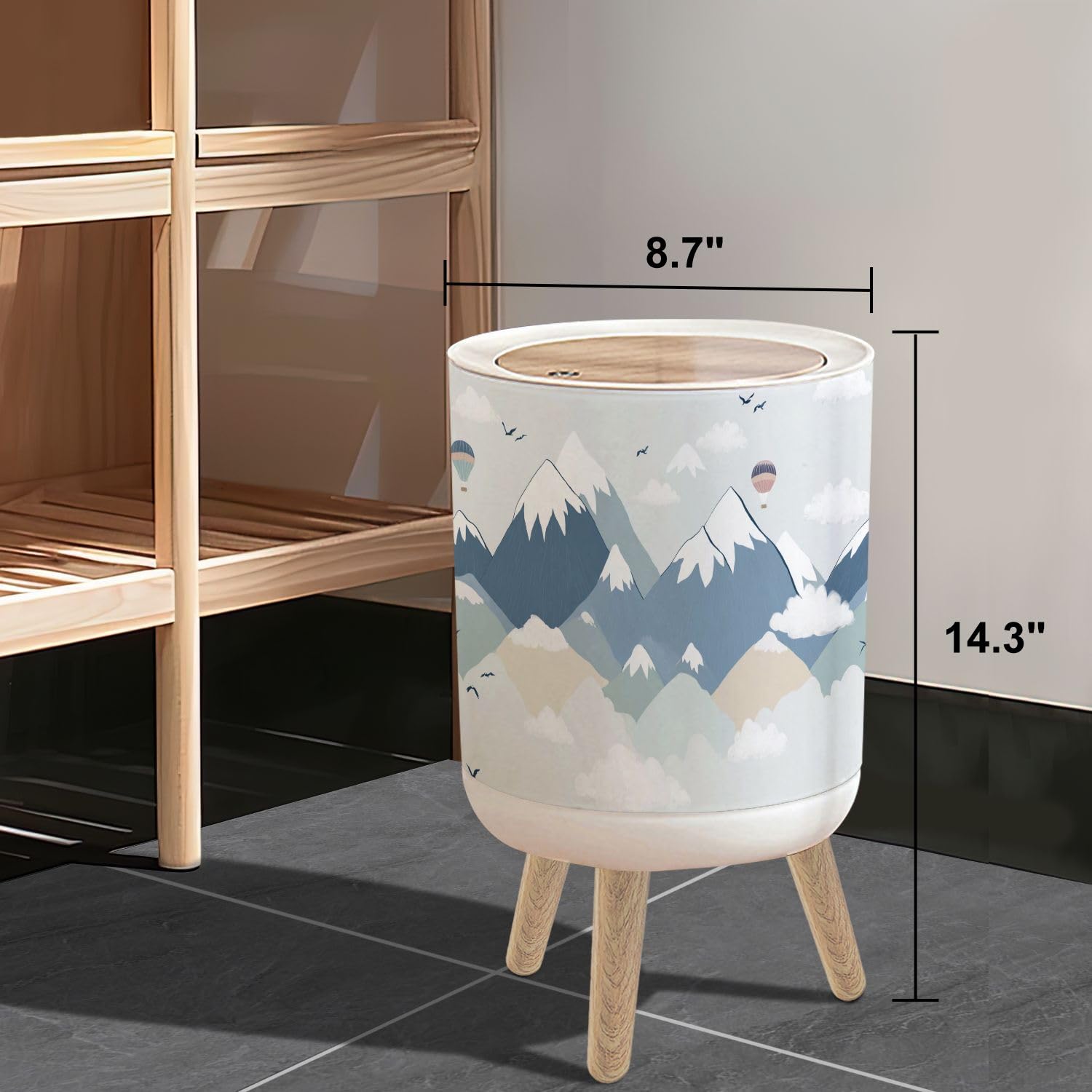 Small Trash Can with Lid Kids Mountains Nursery for Kids Room Babies Nursery 1.8 Gallon/7L Garbage Can Waste Bin with Press Top Lid Legs Waste Basket for Bathroom Kitchen Bedroom