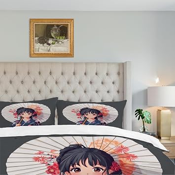 Shrahala Traditional Clothing Japanese Culture Duvet Cover Set King Size, Paper Umbrella Floral 3 Pieces with 2 Pillow Shams Soft Brushed 100% Cotton Duvet Covers