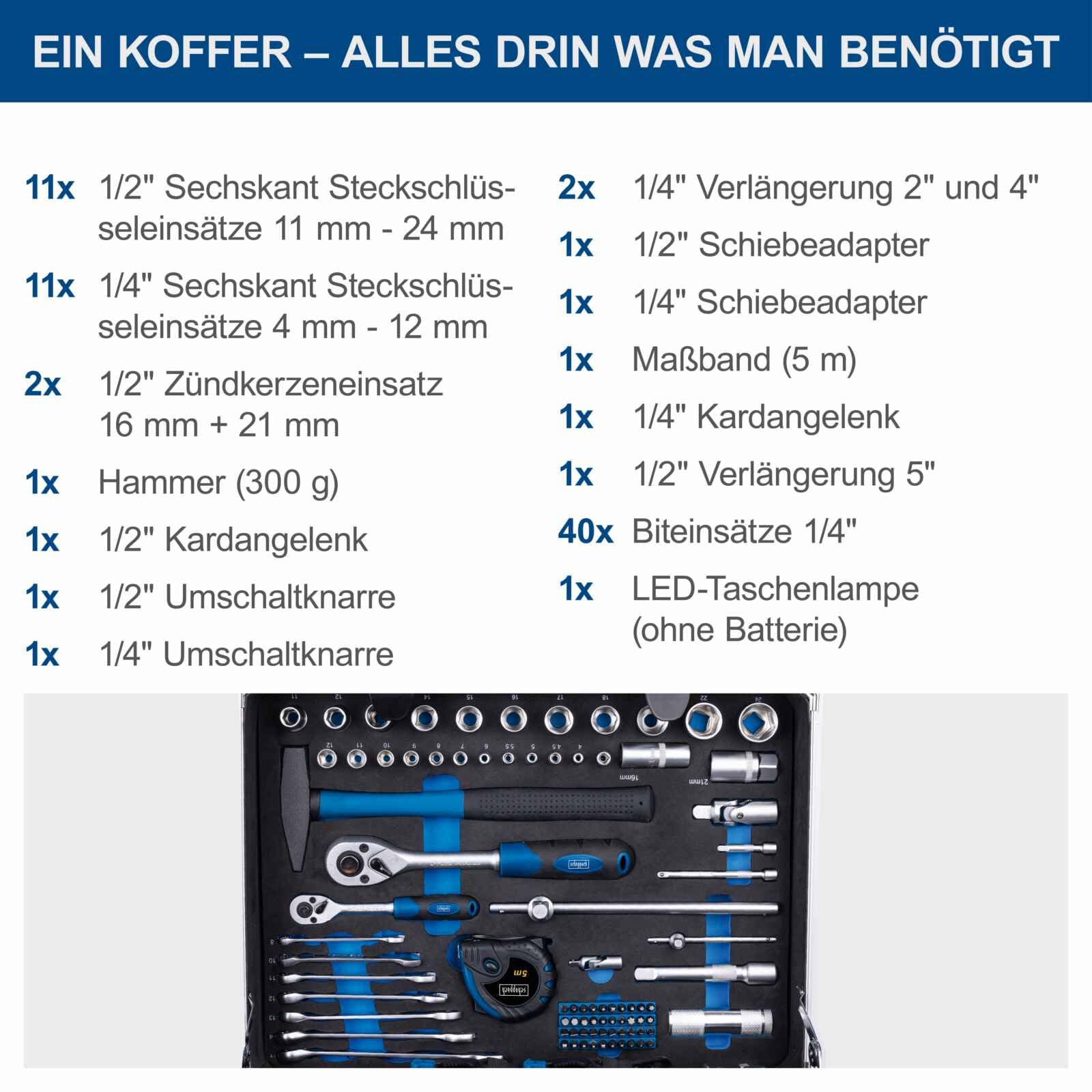 Scheppach TB200 Aluminium Werkzeugkoffer gefüllt 141-tlg Werkzeug Set | Werkstattkoffer bestückt mit Schraubenschlüssel, Hammer, Zange, Schraubenzieher, Werkzeugkiste für Werkstatt und Haushalt