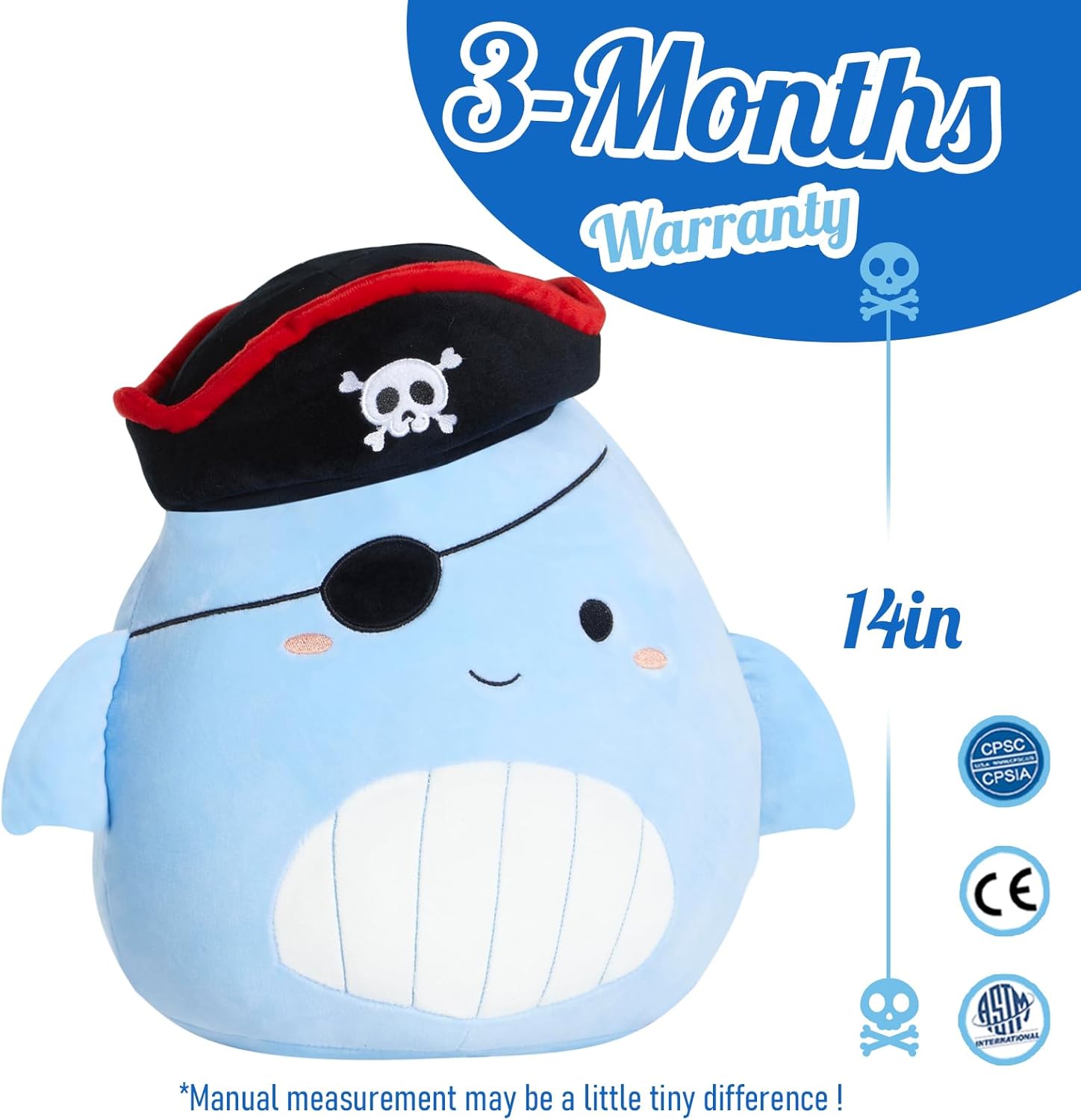 14” Pirate Whale Plush Pillow Stuffed Animals Original Plushie Cute Soft for Boys Girls - Image 2