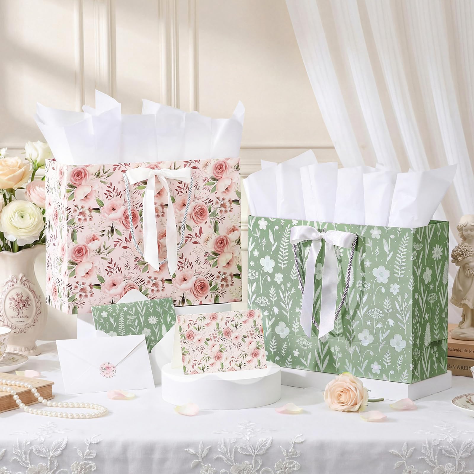 Silkfly 2 Pack Large Floral Gift Bags with Tissue Paper Ribbon Card & Envelope 13'' Flower Gift Bags for Woman Wedding Bridal Shower Baby Shower Birthday Spring Tea Party Flower Girl