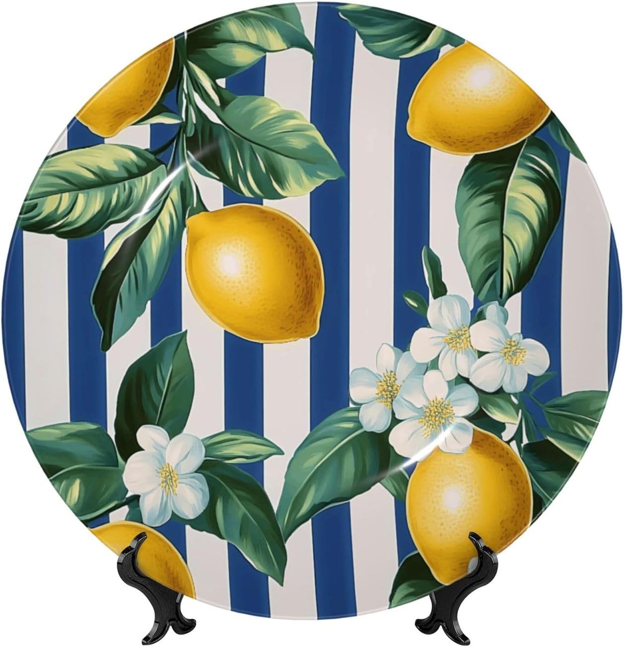 Lemon Flowers Leaves Blue White Stripes Style Ceramic Plate Display Home Display With Stand Wall Hanging Plate For Home Decor 10 Inch