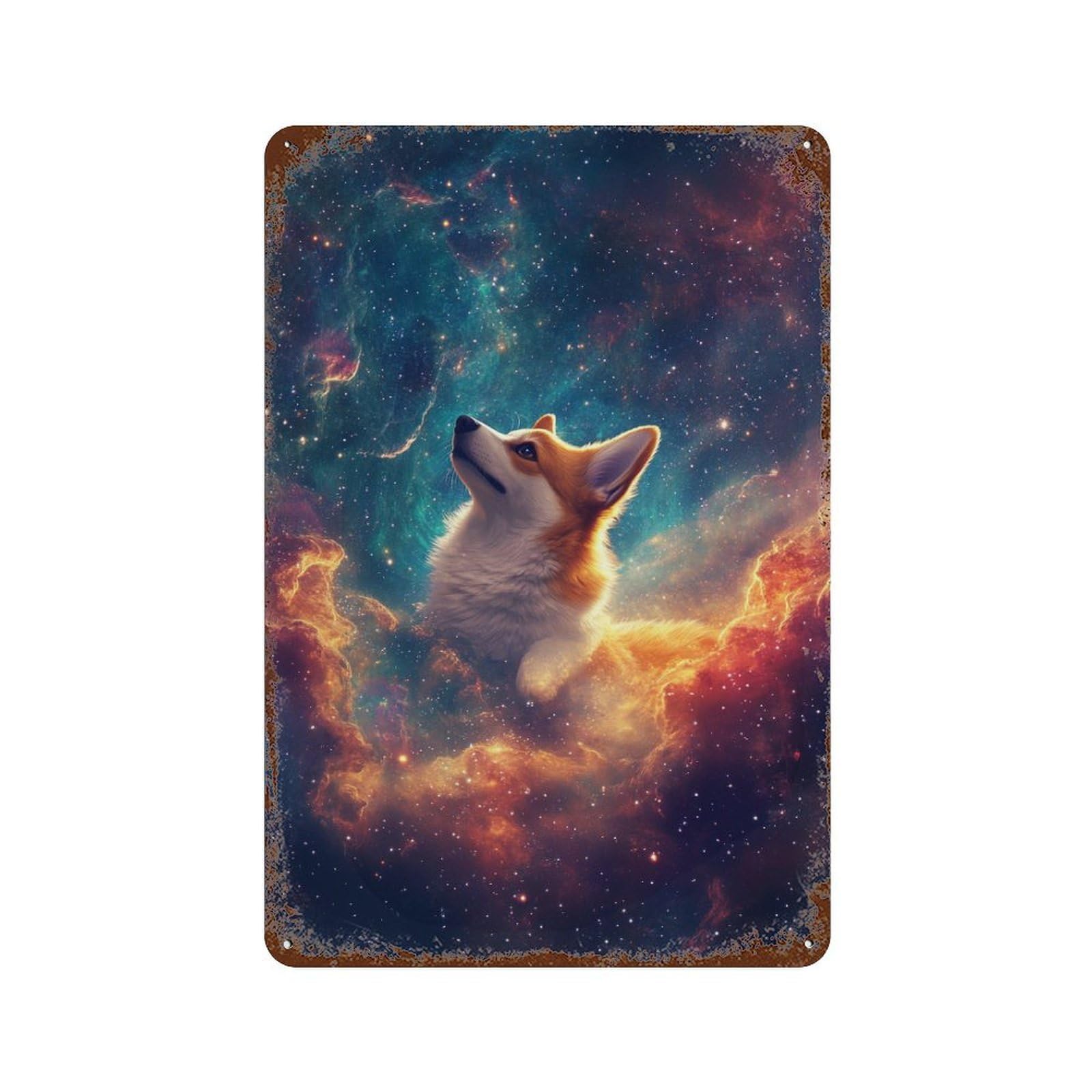 Garage Style Cosmic Corgi Adventure Vintage Metal Tin Sign 11.8"x7.9", Industrial Home Decor for Bar And Workshop