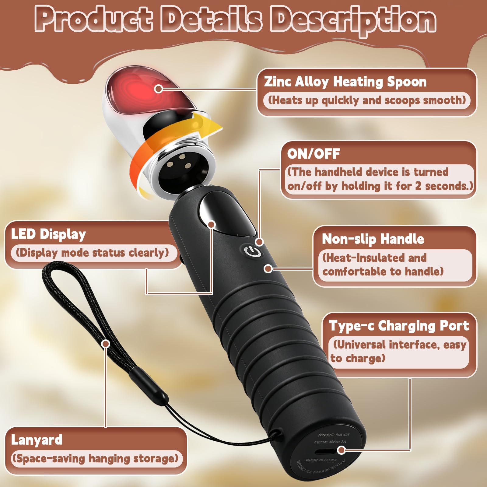 Yizhet Beheizter Eisportionierer Edelstahl Heizbarer Eislöffel mit 4 Temperaturstufen 40/50/60/70 ℃, Wiederaufladbar, 2500mAh LED-Display Selbstheizende Eiskugelzange für Hartes Eis Gelato, Schwarz