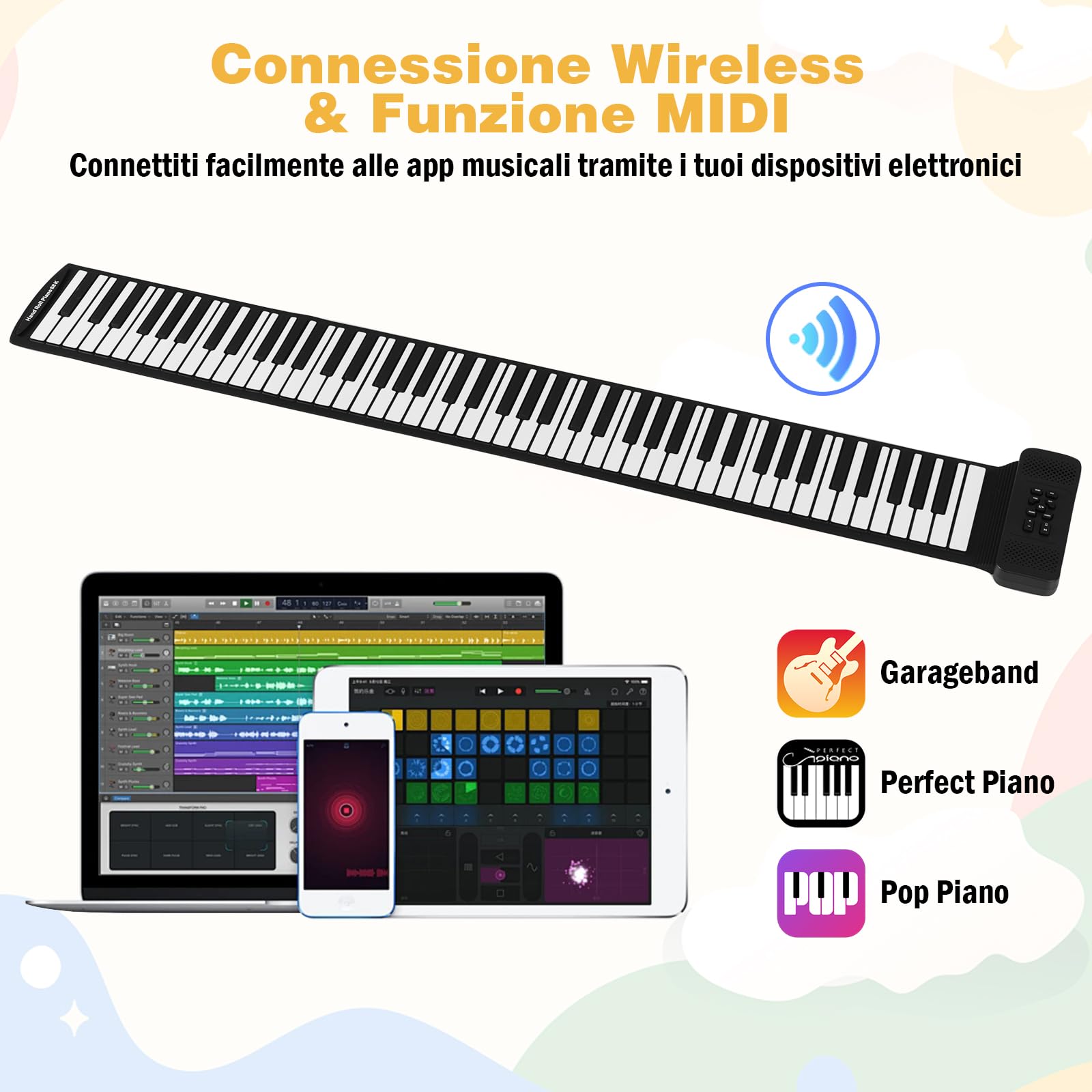 COSTWAY Tastiera Elettrica Arrotolabile a 88 Tasti, Pianoforte Portatile con 128 Ritmi, 128 Suoni e 14 Demo, Pianoforte Digitale Pieghevole con Pedale Sustain, per Principianti Bambini