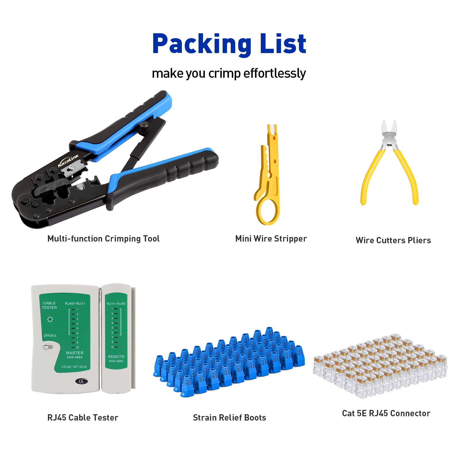 RJ45 Crimpzange Ethernet Crimper Tool Kit Cat 6 Cat 5E Cat 5 Crimpzange mit Netzwerkkabeltester, Drahtschneiderzange, Mini Kabelabisolierzange, 50 Stück Cat 5E Stecker und
