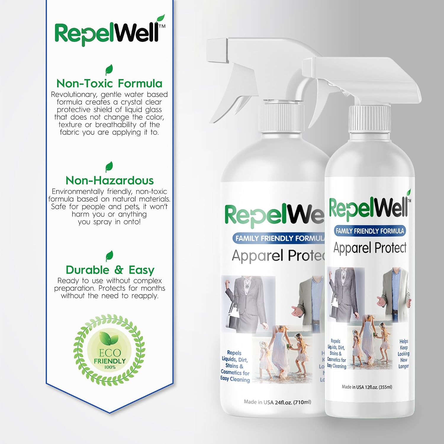 RepelWell Apparel Protect (24oz) Stain & Water Repellent Spray – Non-Toxic, Eco-Friendly, Pet-Safe Sprays for Clothing & More