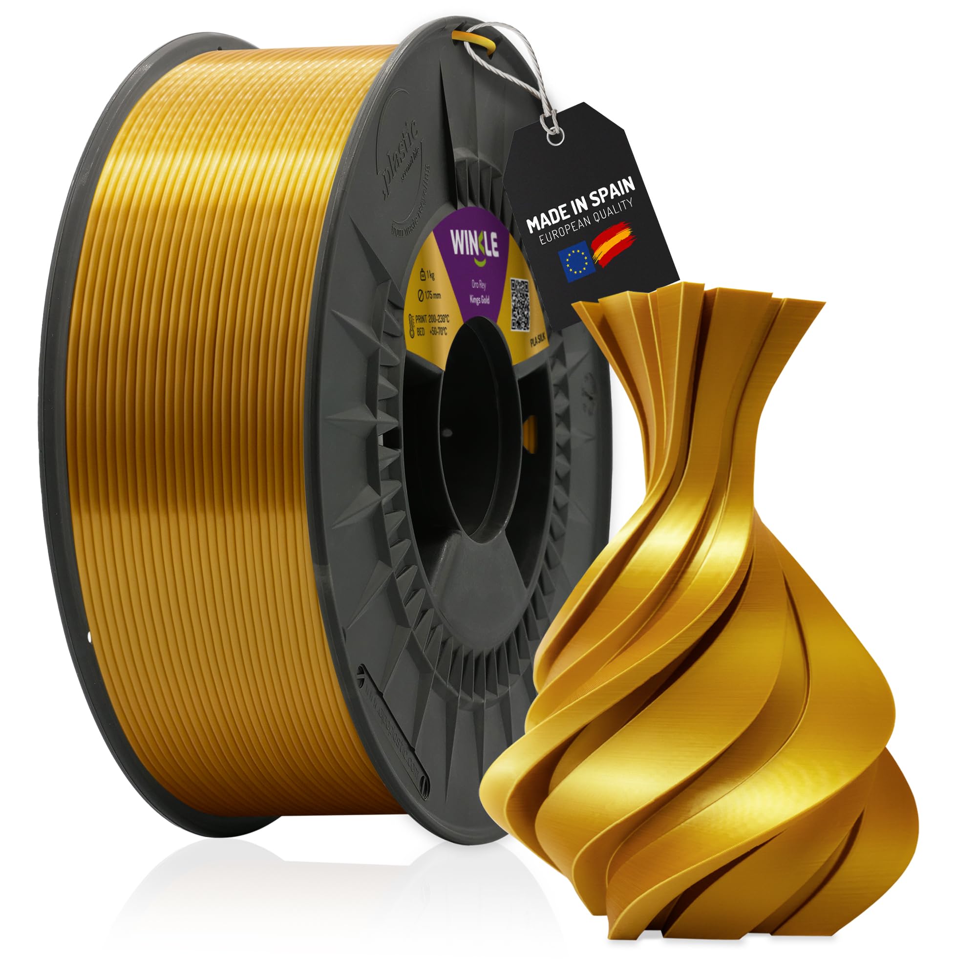 WINKLE Filamento PLA Silk Oro Rey 1,75mm 300g Bobina Impresora 3D