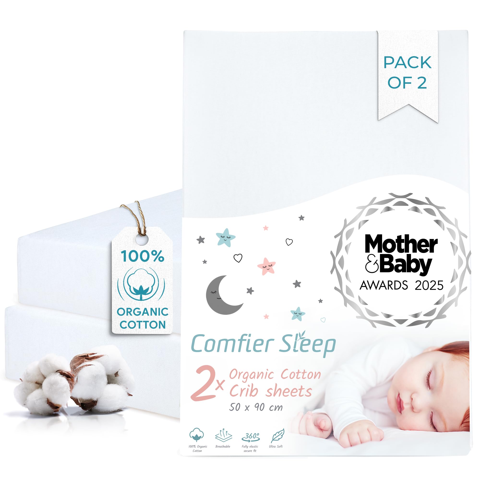Comfier Sleep White Crib Sheets 50X90cm – Organic Cotton 2 Pack Cozee Bedside Crib Fitted Sheets – Soft Cot Sheets For Breathable Comfort
