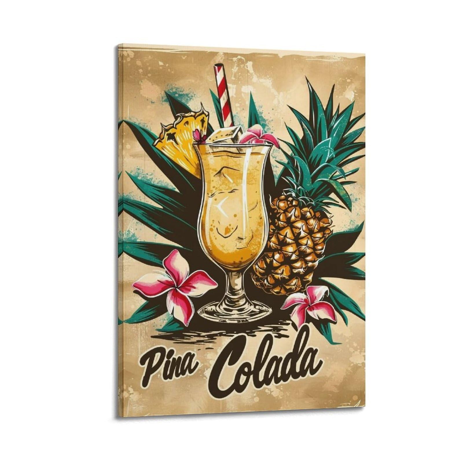 JUWRHRHHRH Linocut-Tiki-Bar-Pina-Colada-Drink-Fruit_01 Poster Canvas Aesthetic Wall Art Painting Decor for Living Room Bed Room 20x30inch Frame-style