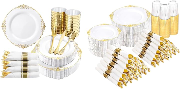 Nervure 1050PCS Gold Plastic Plates - Gold Plastic Dinnerware Sets for 150 Guests - 300 Gold Disposable Plates, 450 Gold Plastic Silverware, 150 Cups, 150 Napkins for Wedding & Party