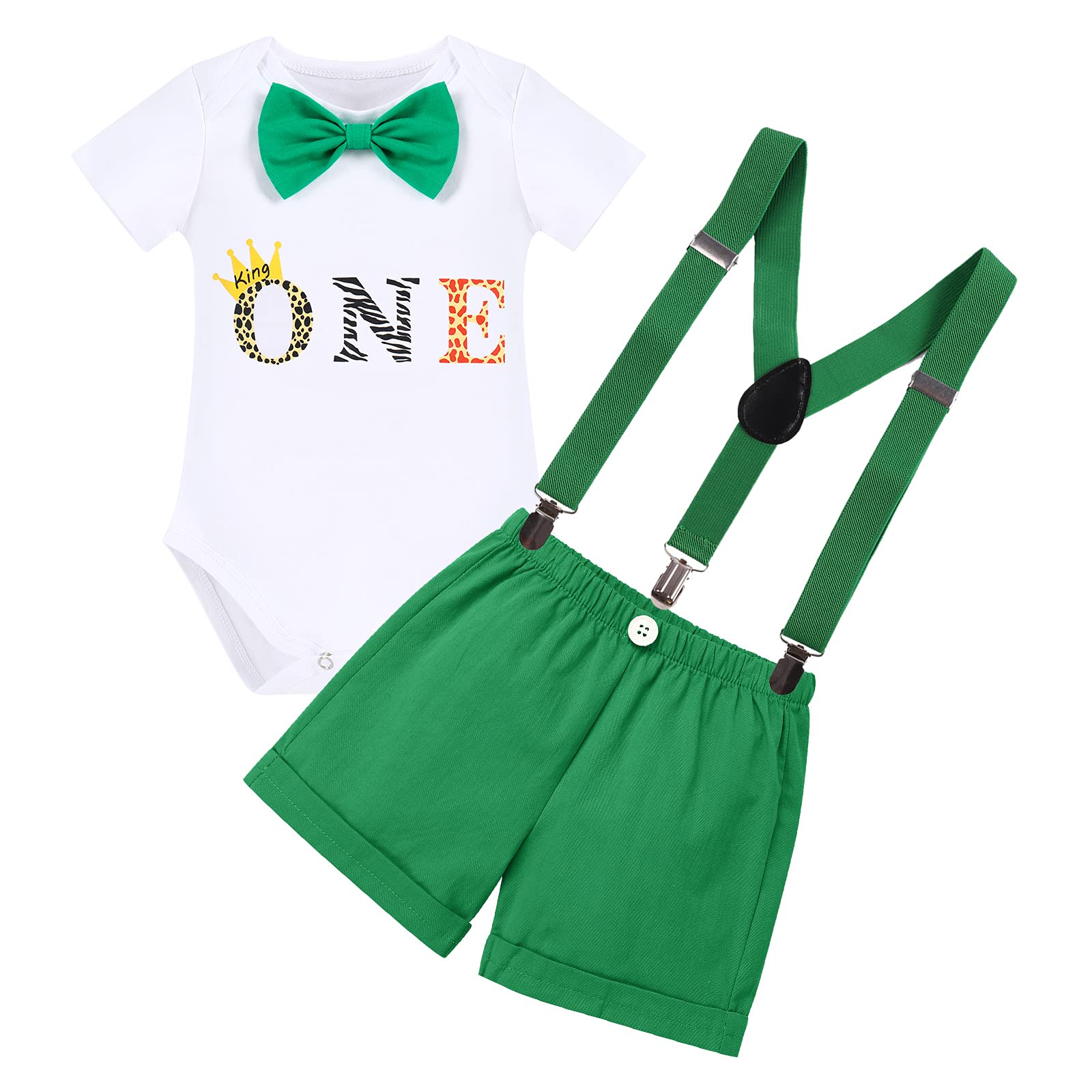 IWEMEK Baby Boys Jungle Safari Theme 1st Birthday Cake Smash Outfits Wild One Romper + Shorts + Y-Back Suspenders Photo Props
