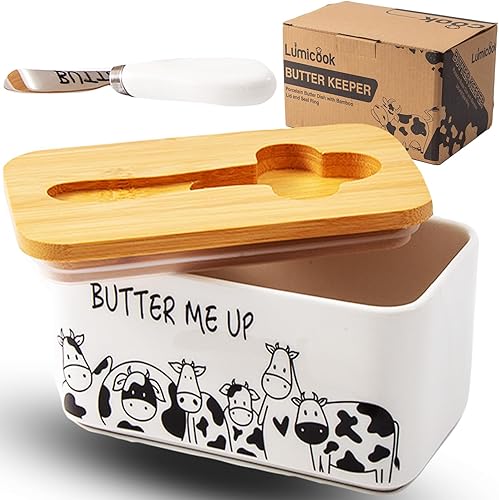Mantequillera de porcelana con tapa, tapa de bambú natural, sello, soporte de mantequilla de vaca, se adapta fácilmente a 2 barras de mantequilla