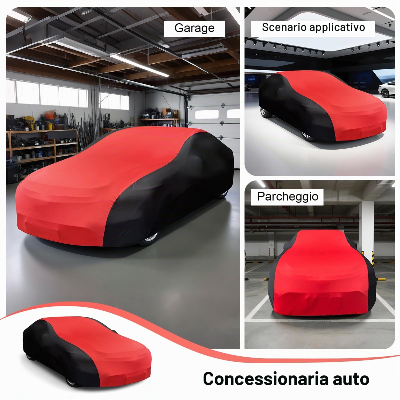 Telo Copriauto Elastico per Interni, Telo Copriauto da Interno Universale Adatto a Berline, Auto Sportiva, SUV, Traspirante e Antipolvere, Morbido al Tatto, Aderente, Nero e Rosso, L