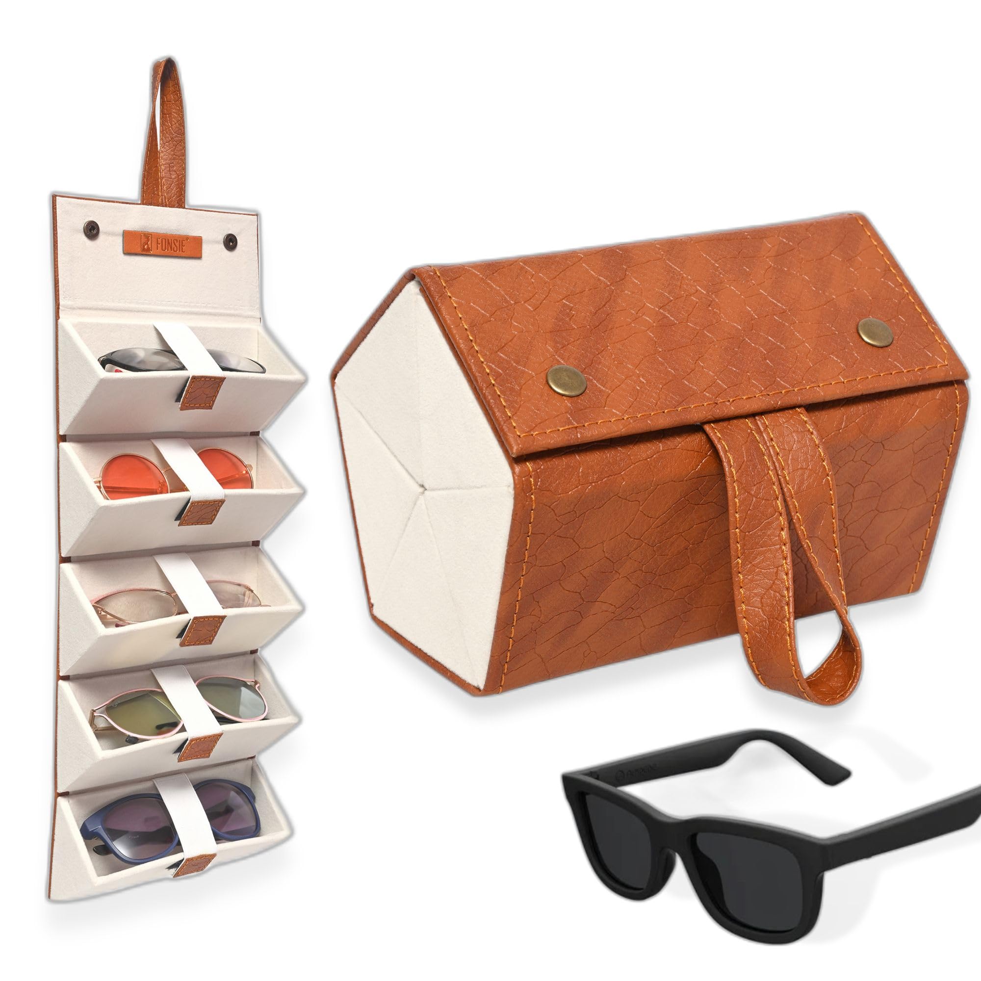 FONSIE® Sunglass holder folding box 5 multiple slots Tan colour, sunglasses organiser boxed portable, hangable, luxury eyeglass case for men and women.