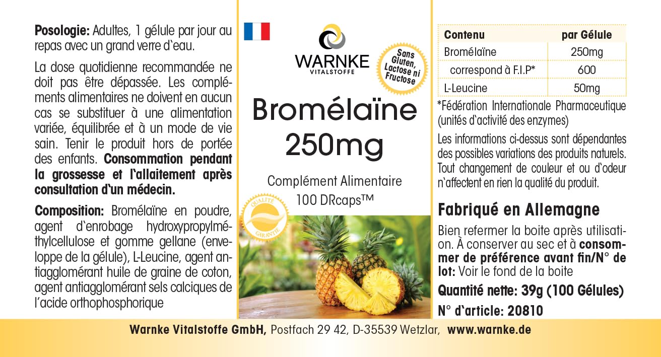 Bromelina 250mg – 600 F.I.P. – Enzima natural de la piña – Vegana – 100 cápsulas | Warnke Vitalstoffe - Calidad de farmacia alemana