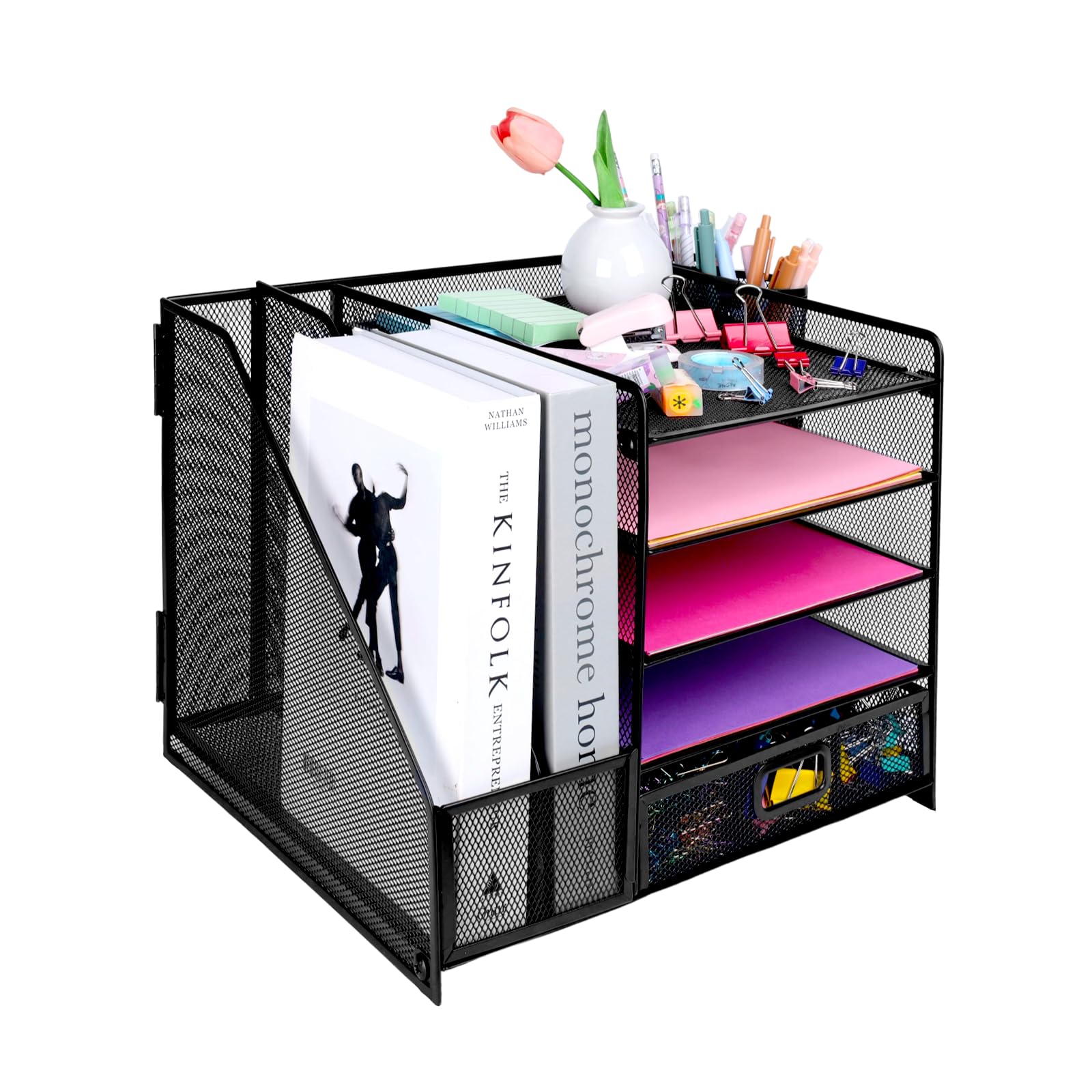 EasyOFC Desktop File Organiser, 5-Tier Paper Letter Tray Desk Organiser,Mesh Storage with Drawer, 2 Pen Holders, Magazine Holder for Office Supplies,Black