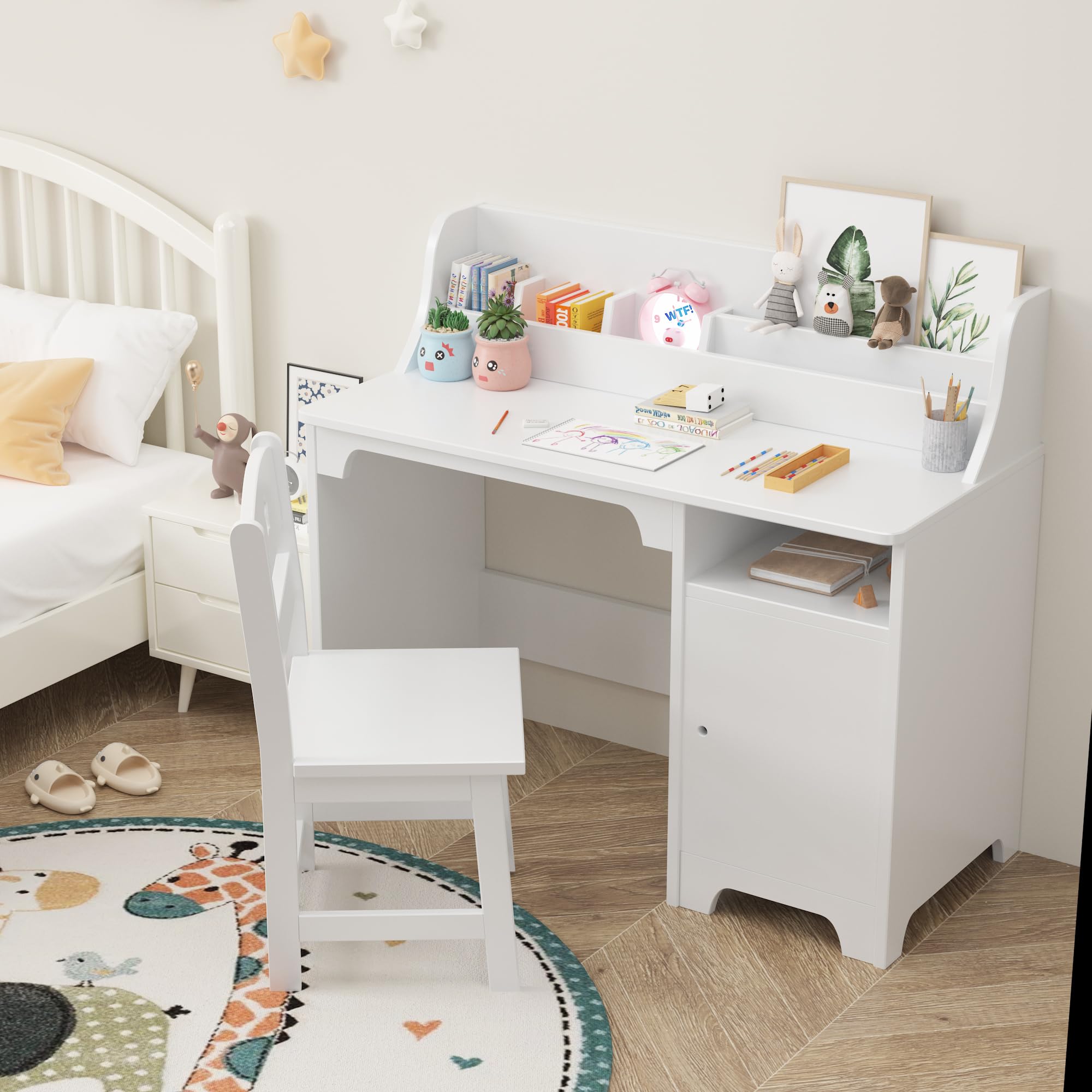 Garvee Kinder Schreibtisch mit Stuhl, MDF Lernschreibtisch Set für Kinder, Weißer Kinderschreibtisch mit Stauraum, Schreib- & Maltisch für Kinderzimmer, Stabil & Pflegeleicht