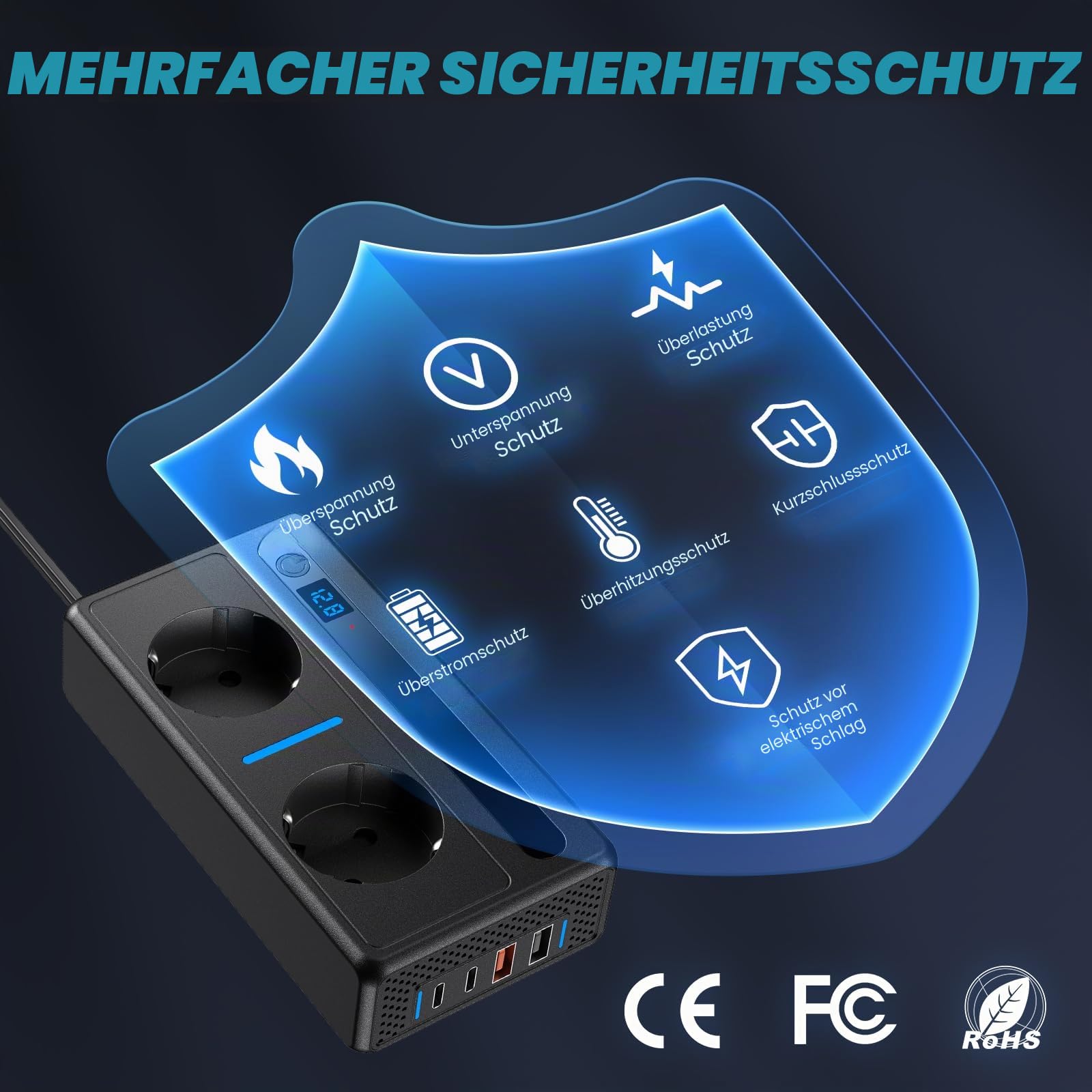 Auto Spannungswandler 300W, Wechselrichter DC 12V auf AC 230V Schnellladung Autoladegerät mit Zigarettenanzünderstecker 7-Port Ladegerät mit 2 Steckdosen 2 USB-Anschlüsse 2 Typ-C-Anschlüsse