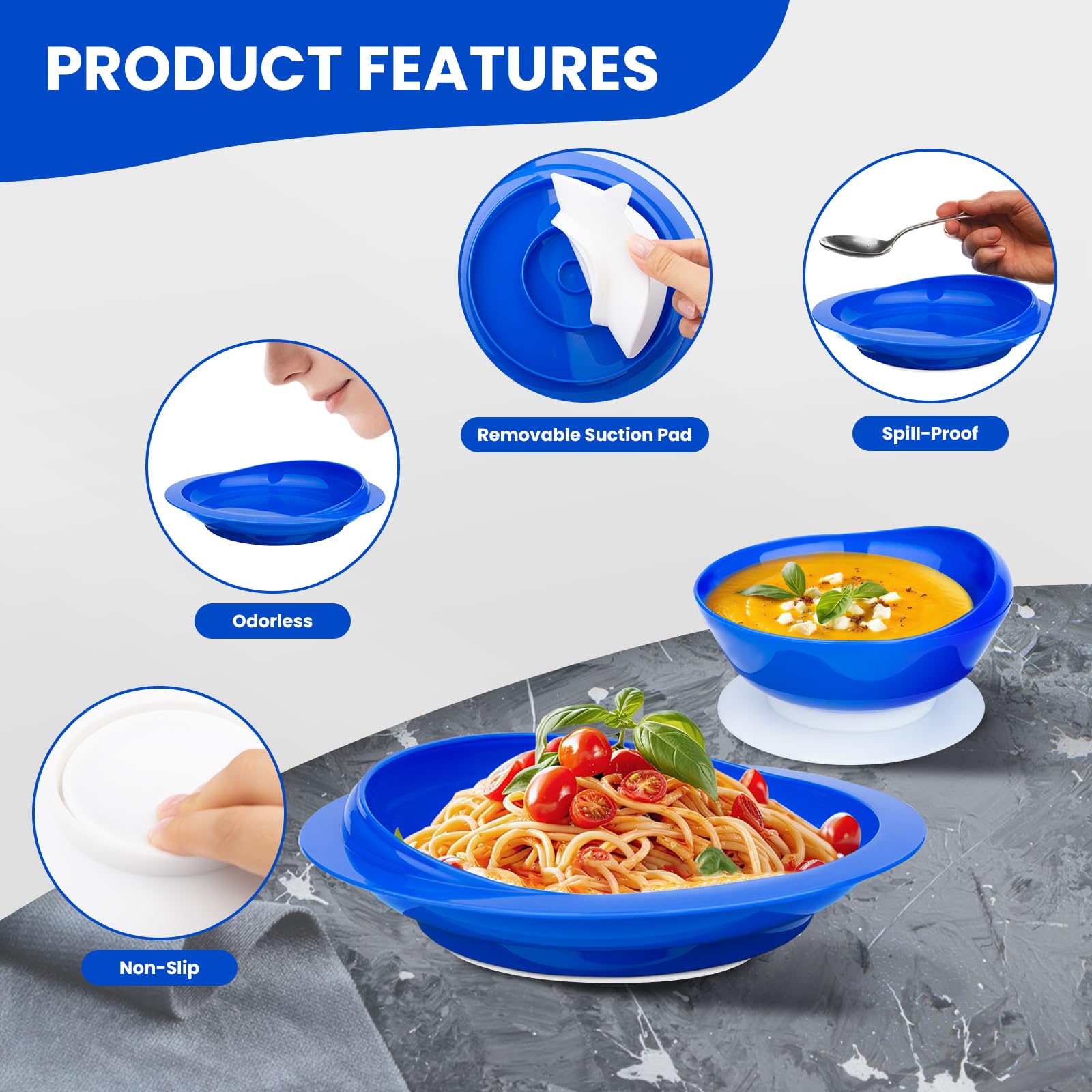 Piatto e ciotola a prova di fuoriuscite con base a ventosa antiscivolo, stoviglie adattive per l'alimentazione automatica per anziani e disabili