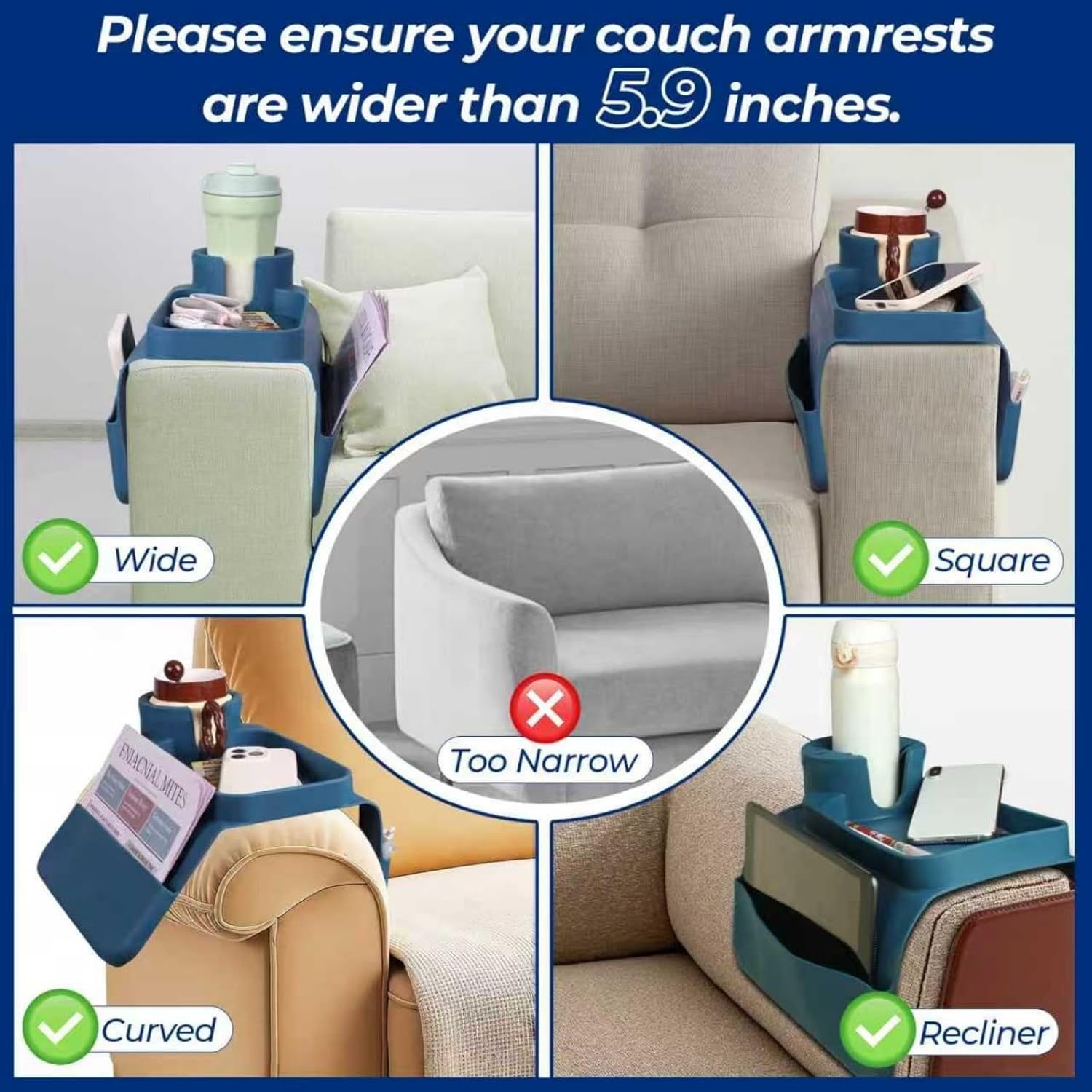 Silicone Couch Cup Holder Tray, 3-Side Sofa Armrest Organizer with Secure Gear-Shaped Locking Holder & Large Tablet Slot, Non-Slip Weighted Armchair Caddy, Couch Accessories (Blue)